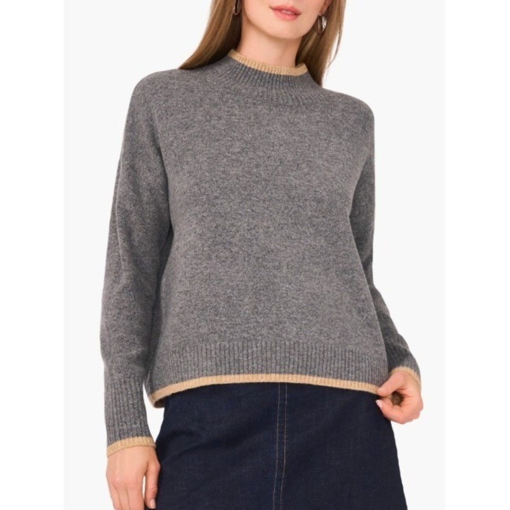 VINCE CAMUTO Mock Neck Sweater Grey With Beige Trim Women Size Small Knit Casual